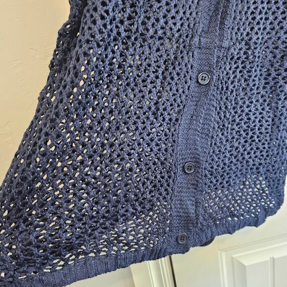 Crochet Knitted Blouse Womens XL Blue Button Top Short Sleeve Sheer Boho Indie - Picture 4 of 9